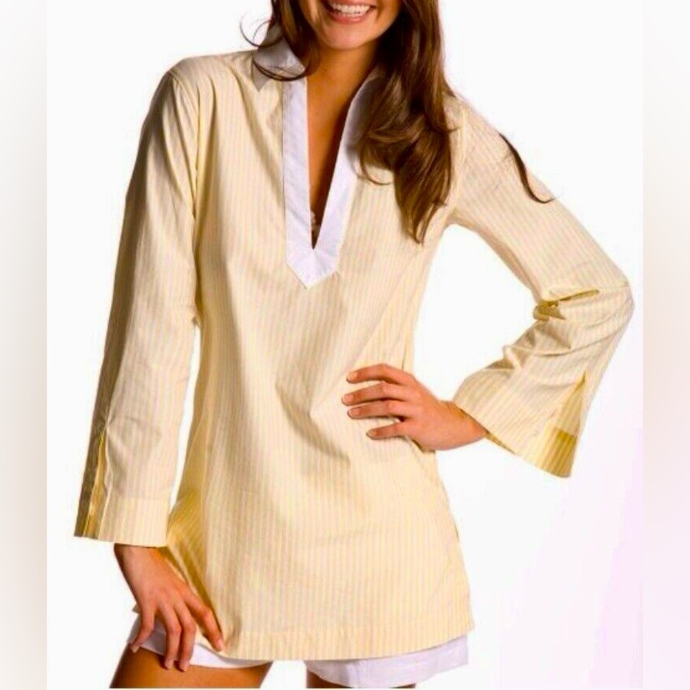 Island Company Iliad Stripe Tunic Top Women’s Size M Side Slit V-Neck Yellow